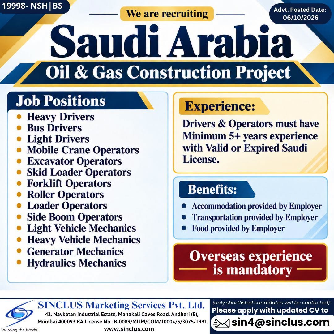 Saudi Arabia Jobs 2026: Oil and Gas Construction Vacancies for Drivers, Operators and Mechanics