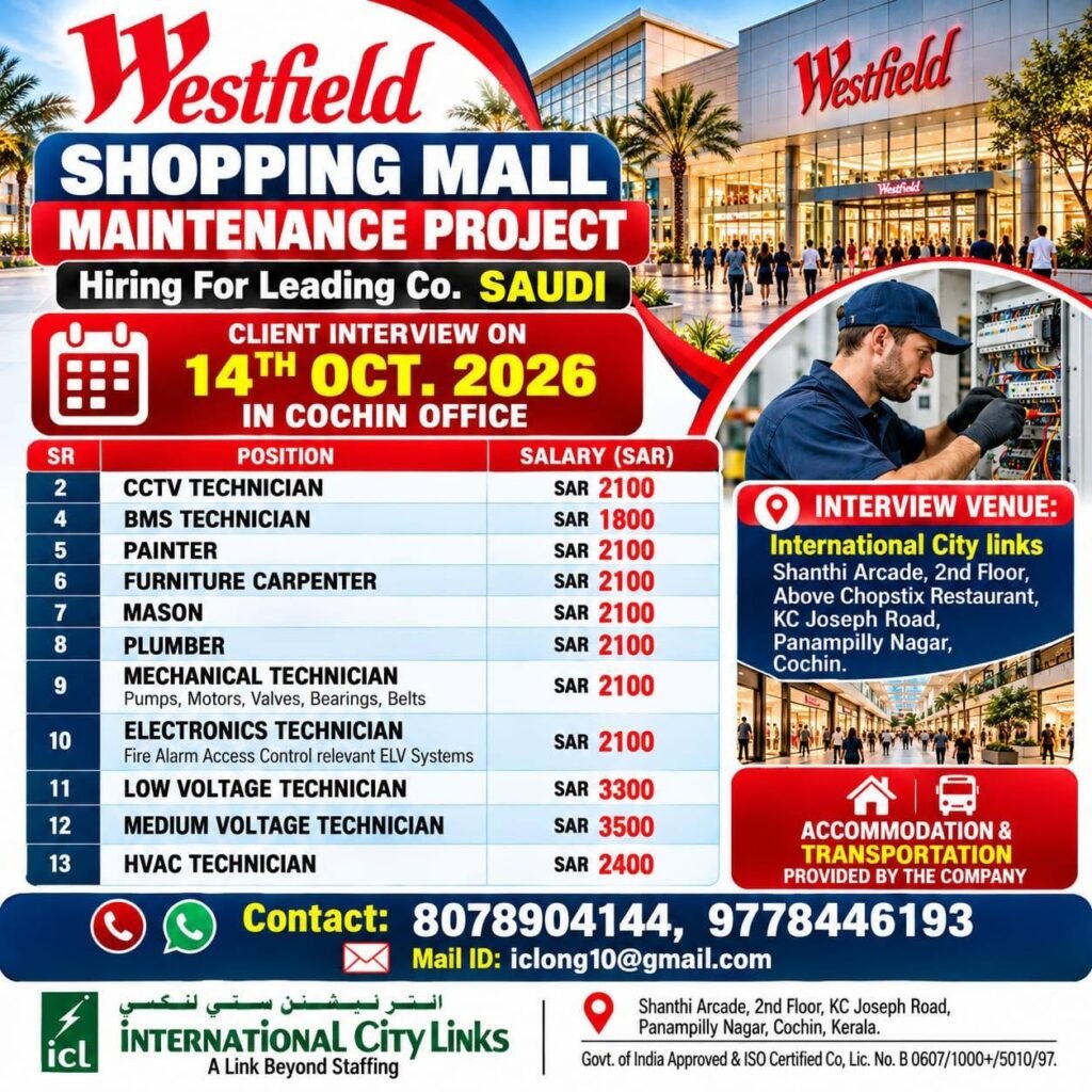 Saudi Arabia Jobs 2026: Westfield Shopping Mall Maintenance Project Hiring Saudi Arabia Jobs 2026: Westfield Shopping Mall Maintenance Project Hiring
