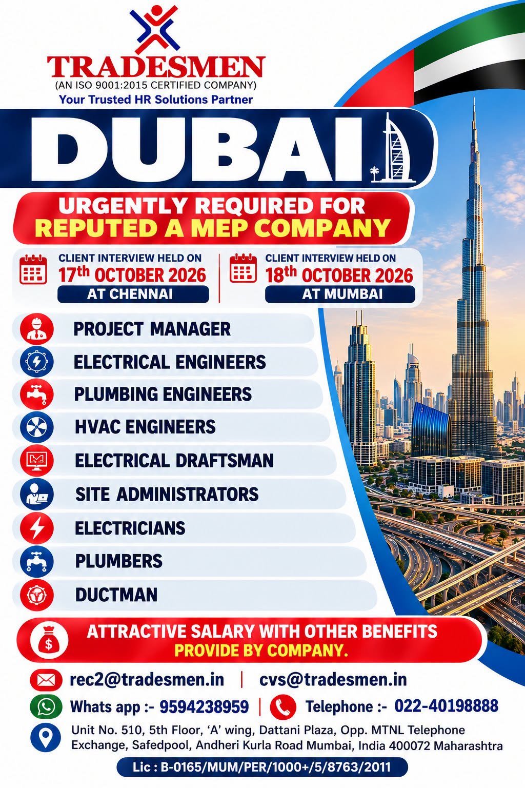 Dubai Jobs 2026: Reputed MEP Company Hiring Engineers, Electricians, Plumbers and Ductmen