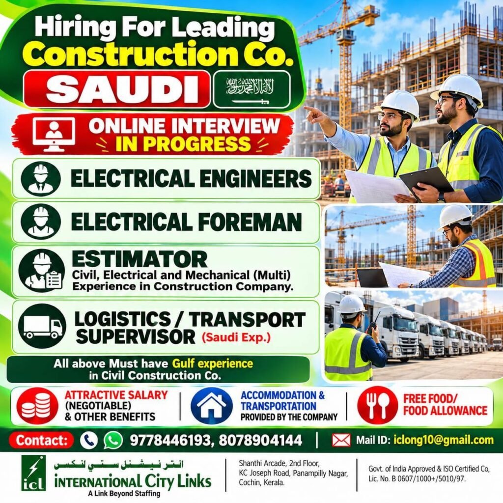 Saudi Arabia Jobs 2026: Urgent Hiring for leading construction company