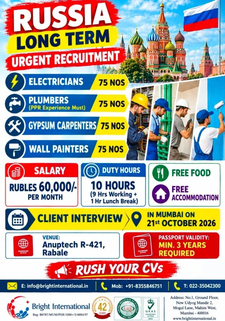 Russia Jobs 2026: 300 Vacancies for Electricians, Plumbers, Gypsum Carpenters and Wall Painters