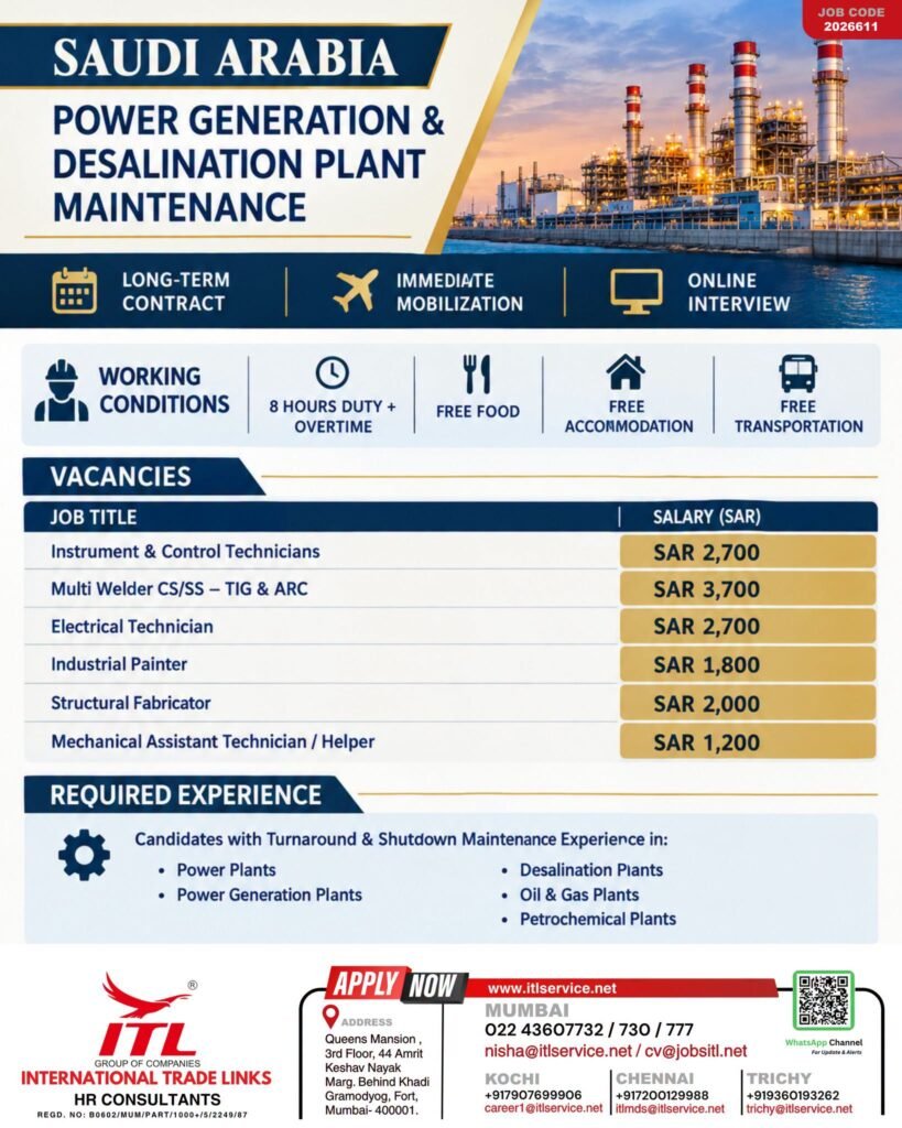 Hiring for Saudi Arabia Power Generation & Desalination Plant Maintenance professionals.