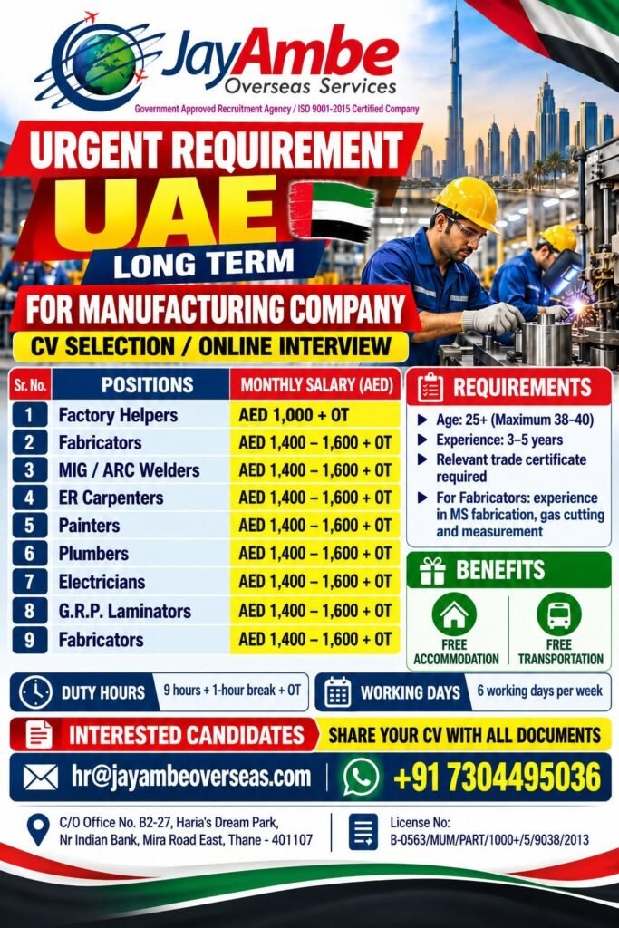 UAE Jobs 2026: Urent Hiring For manufacturing sector