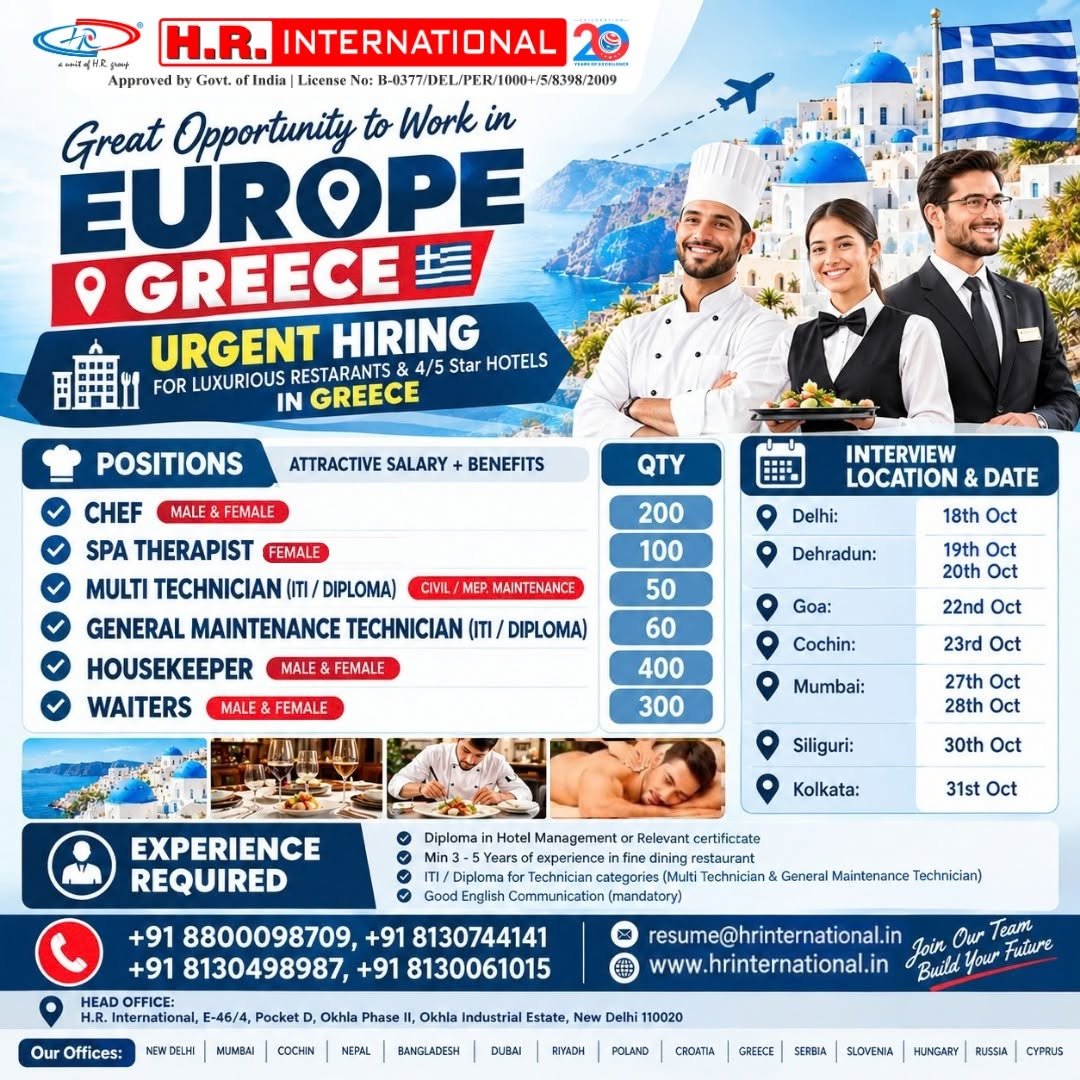 hiring for reputed restaurants and 4/5-star hotels in Greece