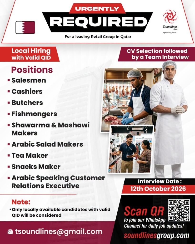 Urgent Hiring For a leading Retail Group in Qatar