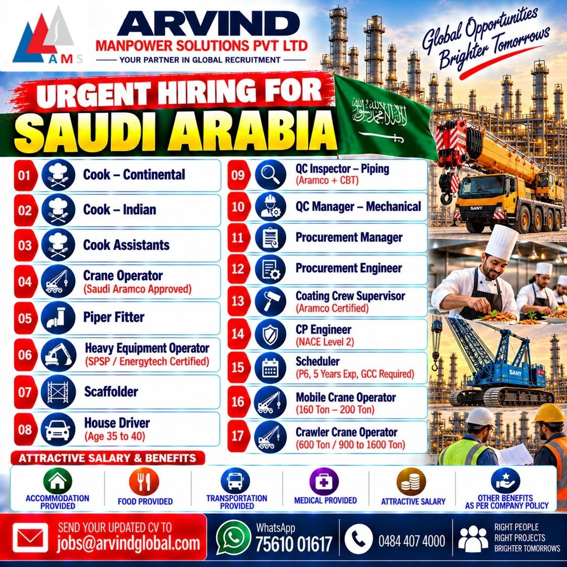 Saudi Arabia Jobs 2026: Urgent Hiring for Crane Operators, QC Inspectors, Cooks and Engineers