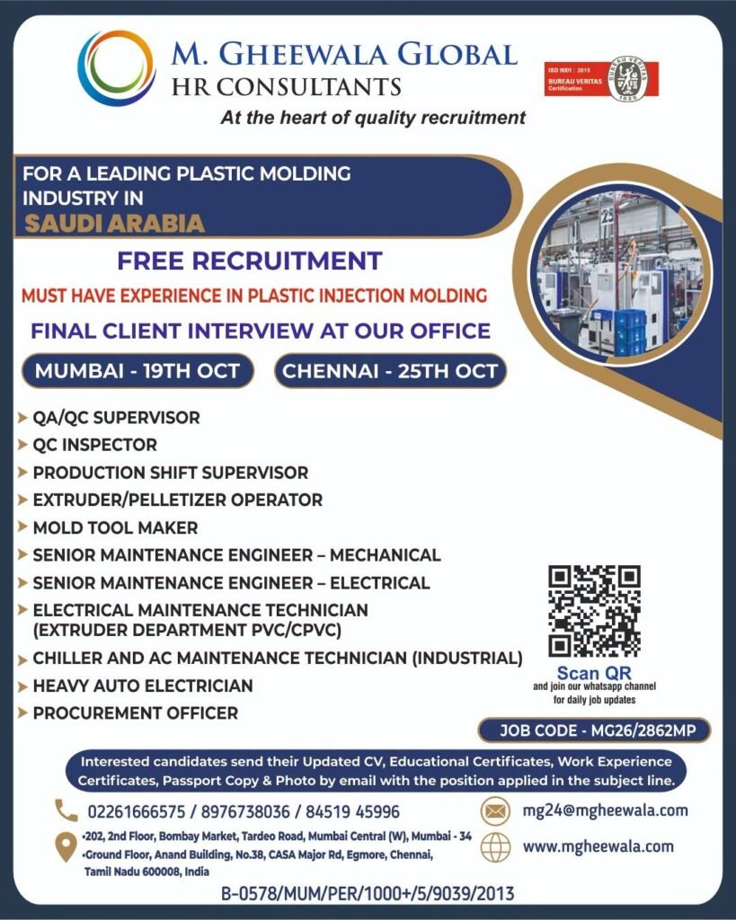 Saudi Arabia Jobs 2026: Plastic Injection Molding Industry – Multiple Vacancies Saudi Arabia Jobs 2026: Plastic Injection Molding Industry – Multiple Vacancies