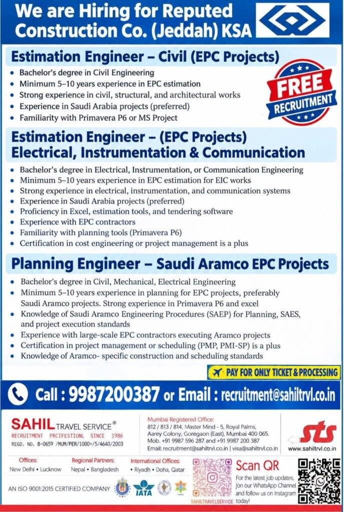 Hiring for Saudi Arabia Construction company Hiring for Saudi Arabia Construction company