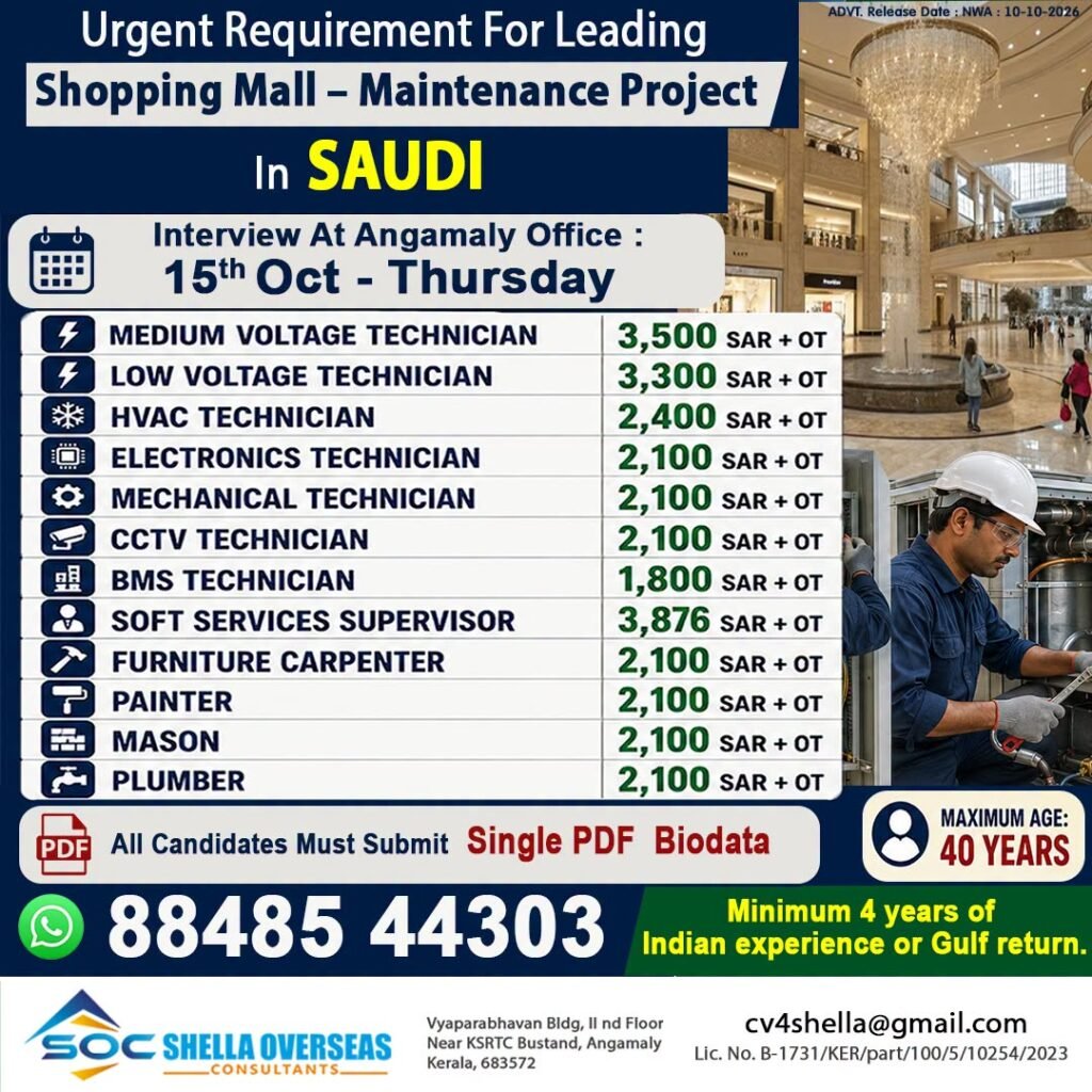 Saudi Arabia Jobs 2026: Shopping Mall Maintenance Project Vacancies