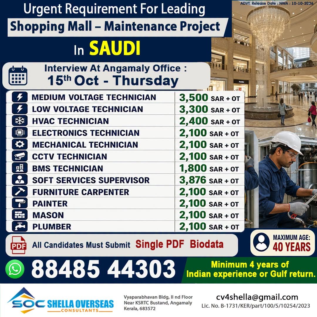 Saudi Arabia Jobs 2026: Shopping Mall Maintenance Project Vacancies
