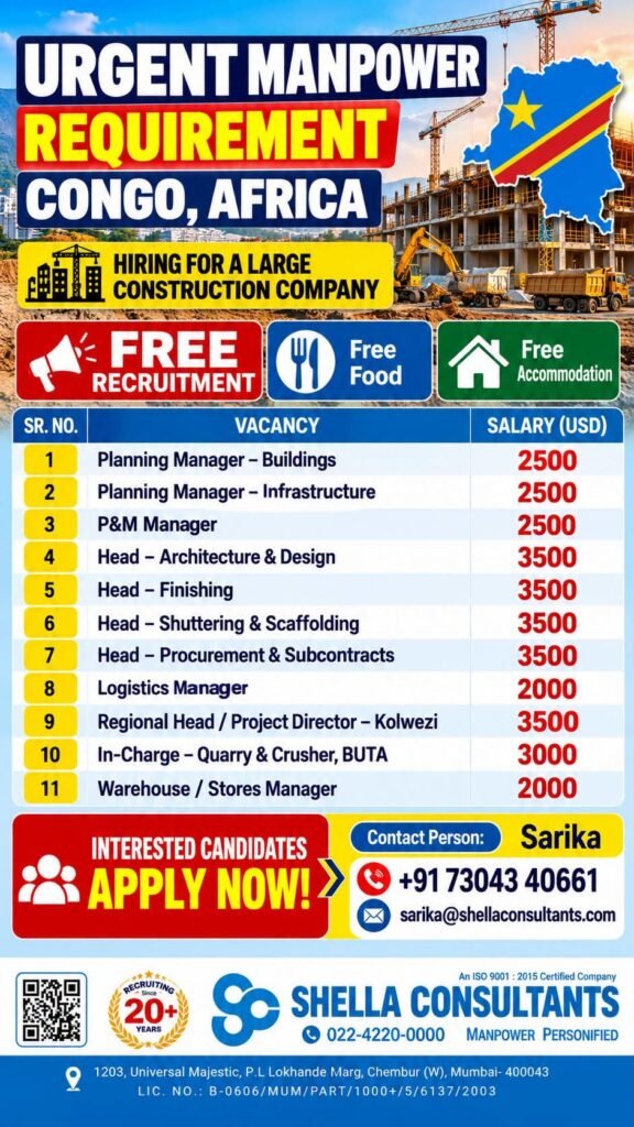 Congo Jobs 2026: Urgent Hiring for Large Construction Company Congo Jobs 2026: Urgent Hiring for Construction Company