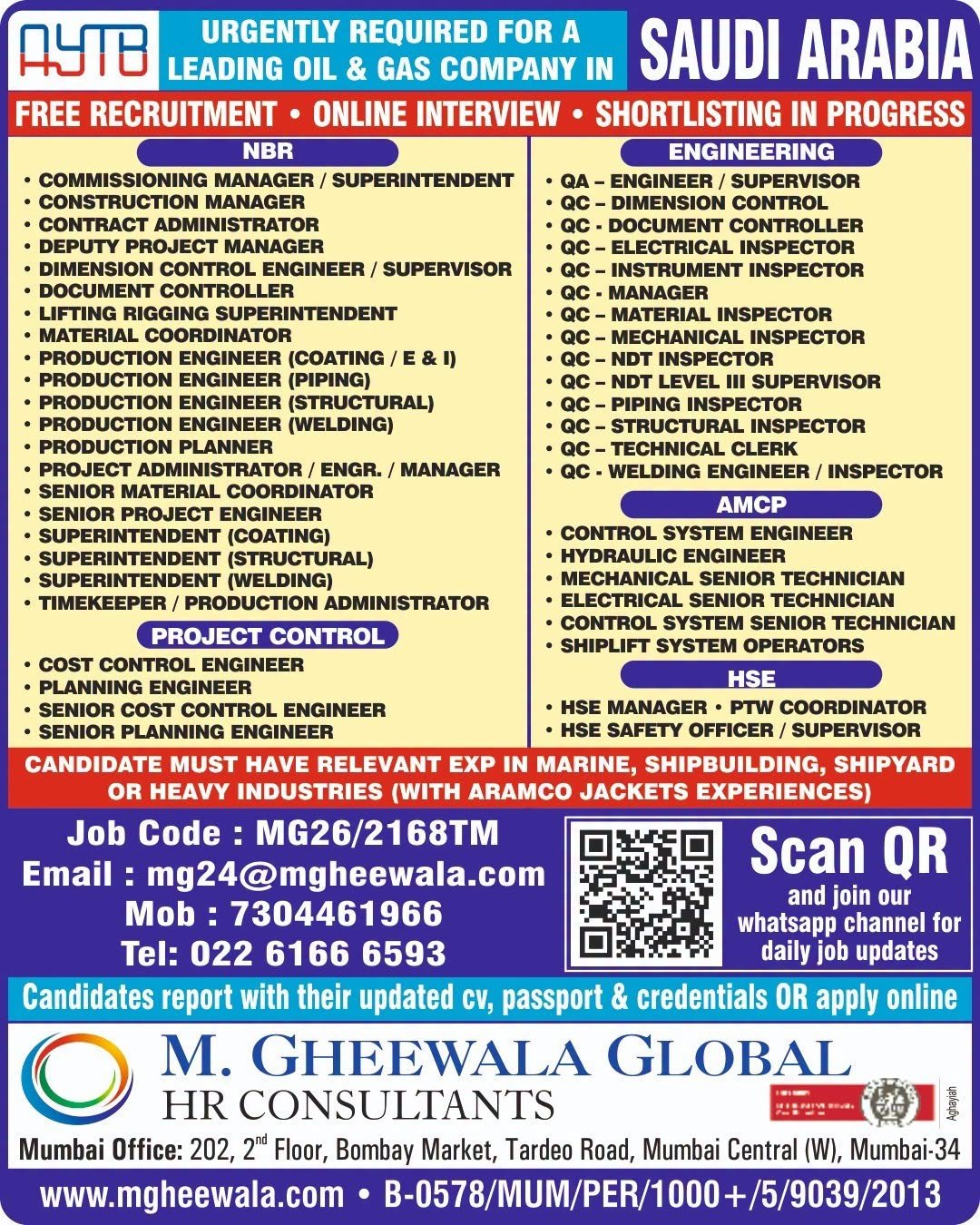 Saudi Arabia AYTB Oil & Gas Jobs 2026 – Engineering, QC, NBR, Project Control and HSE Positions