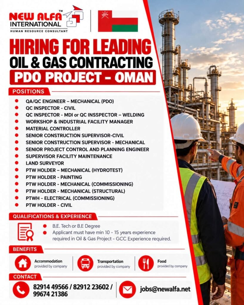 Oman Jobs 2026: Bulk Hiring for PDO Oil & Gas Project