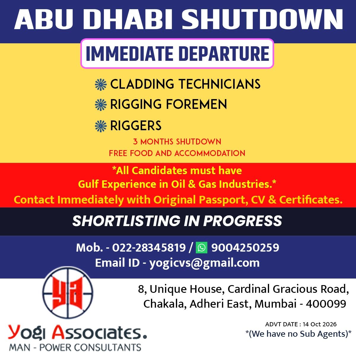Abu Dhabi Shutdown Jobs 2026 – Cladding Technicians, Rigging Foremen and Riggers