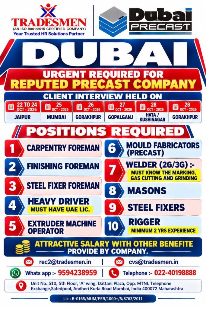 Dubai Jobs 2026: Urgent Vacancies for Precast Company – 10 Positions Available