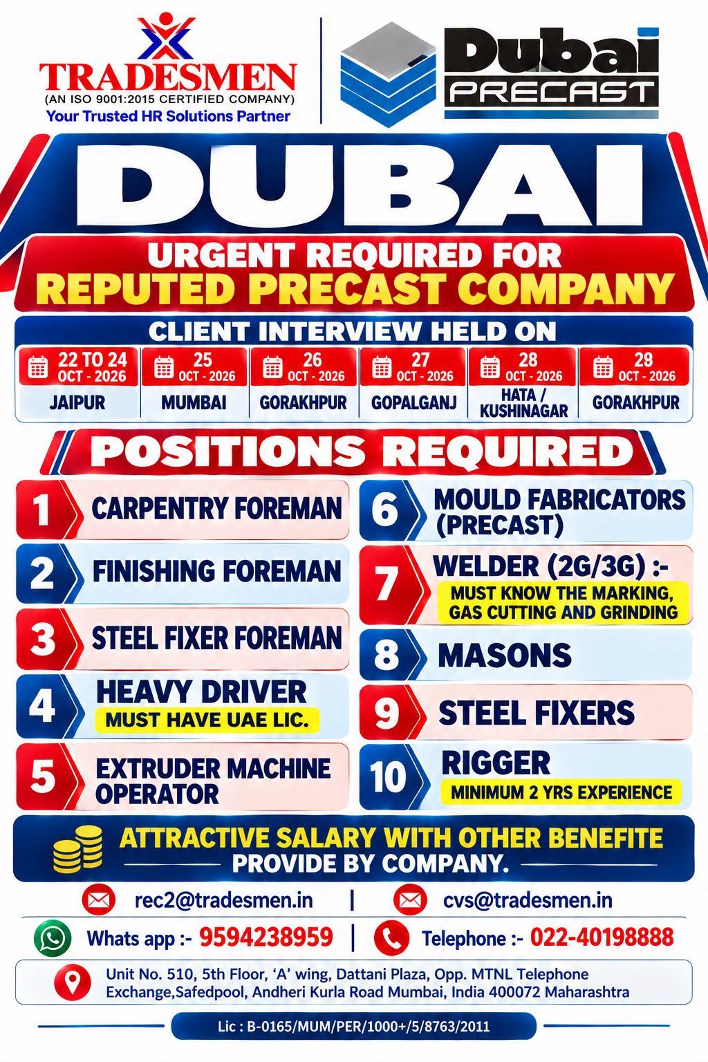 Dubai Jobs 2026: Urgent Vacancies for Precast Company – 10 Positions Available