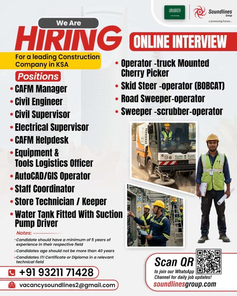 Recruitment For a leading Construction Company in Saudi Arabia
