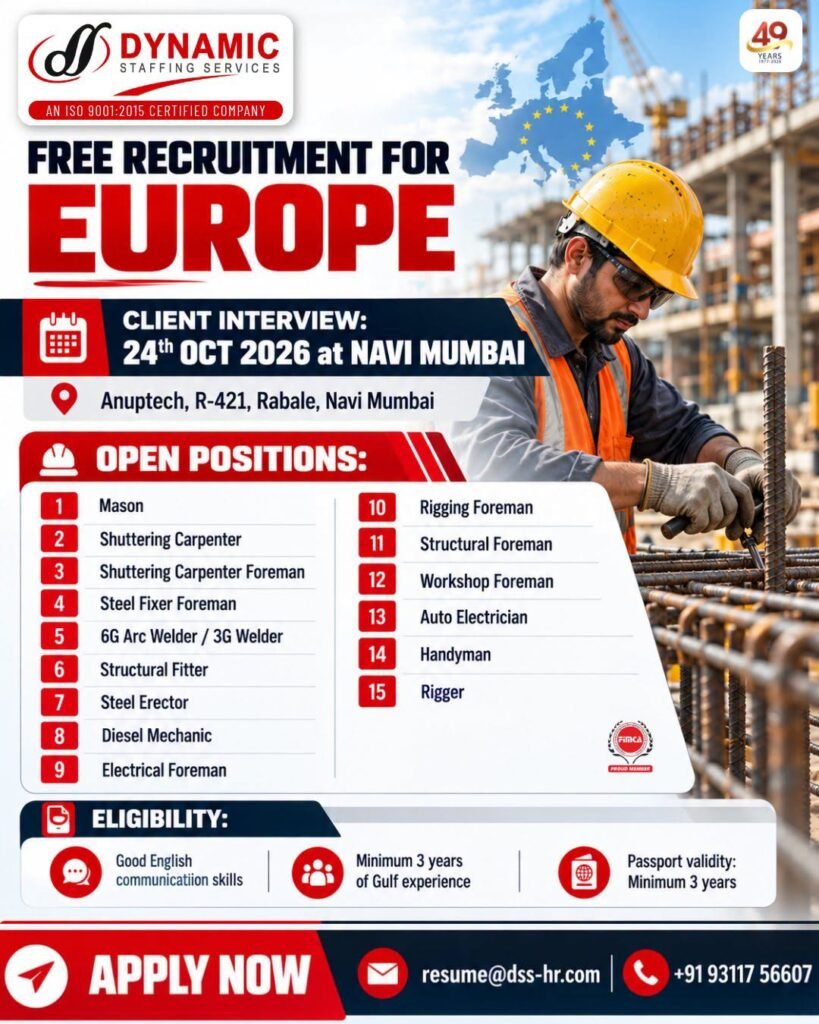 Europe Jobs 2026: 15 Vacancies for Skilled construction and industrial workers