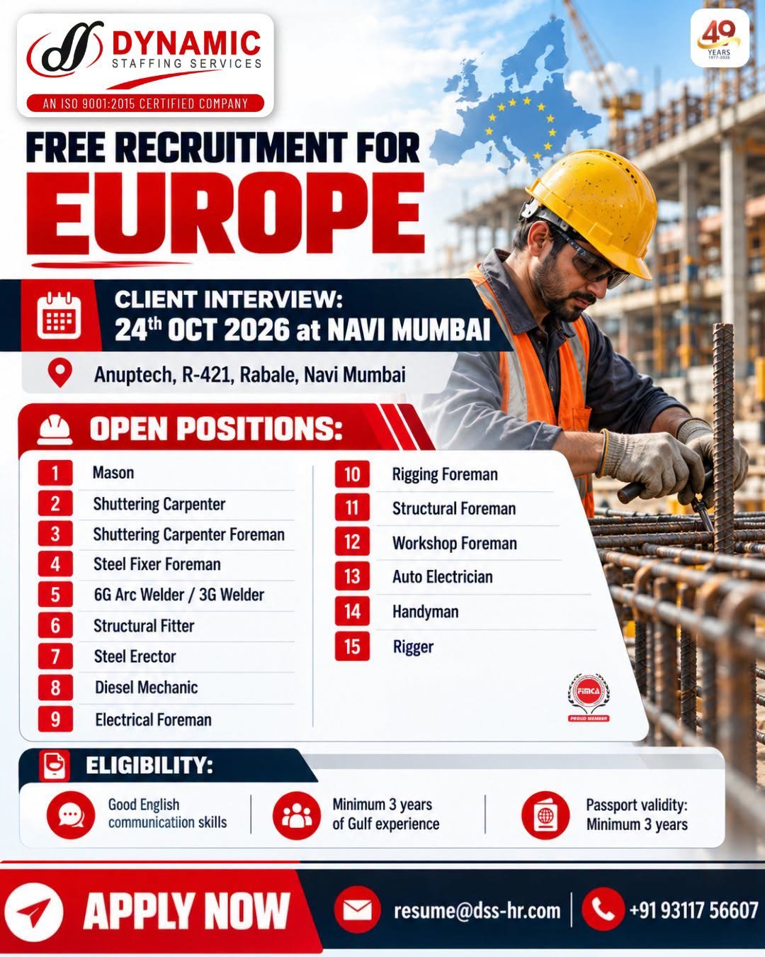 Europe Jobs 2026: 15 Vacancies for Skilled construction and industrial workers