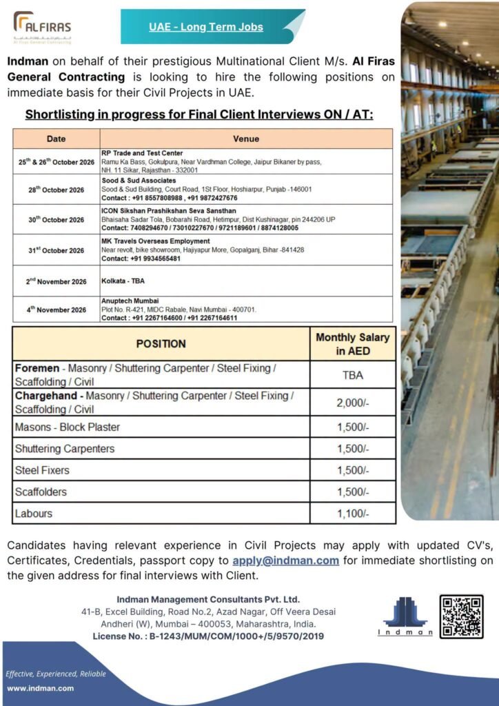 UAE Jobs 2026: Al Firas General Contracting Recruitment