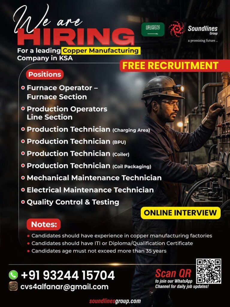Hiring For a leading Copper Manufacturing Company in Saudi Arabia