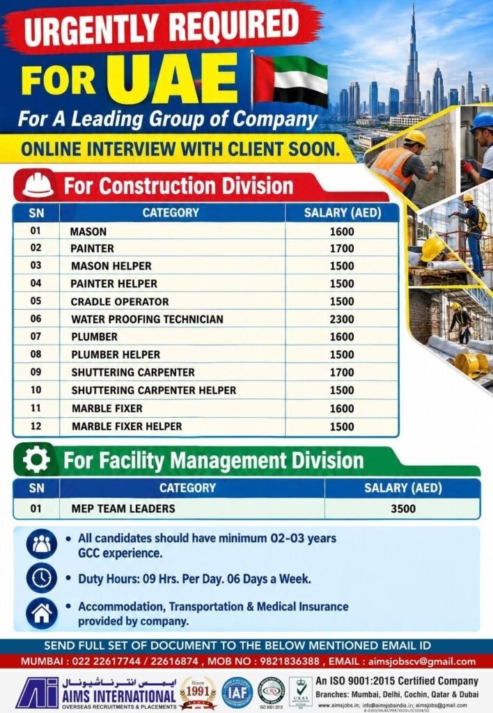 UAE Jobs 2026: 13 Vacancies for Masons, Painters, Plumbers, Carpenters and MEP Team Leaders