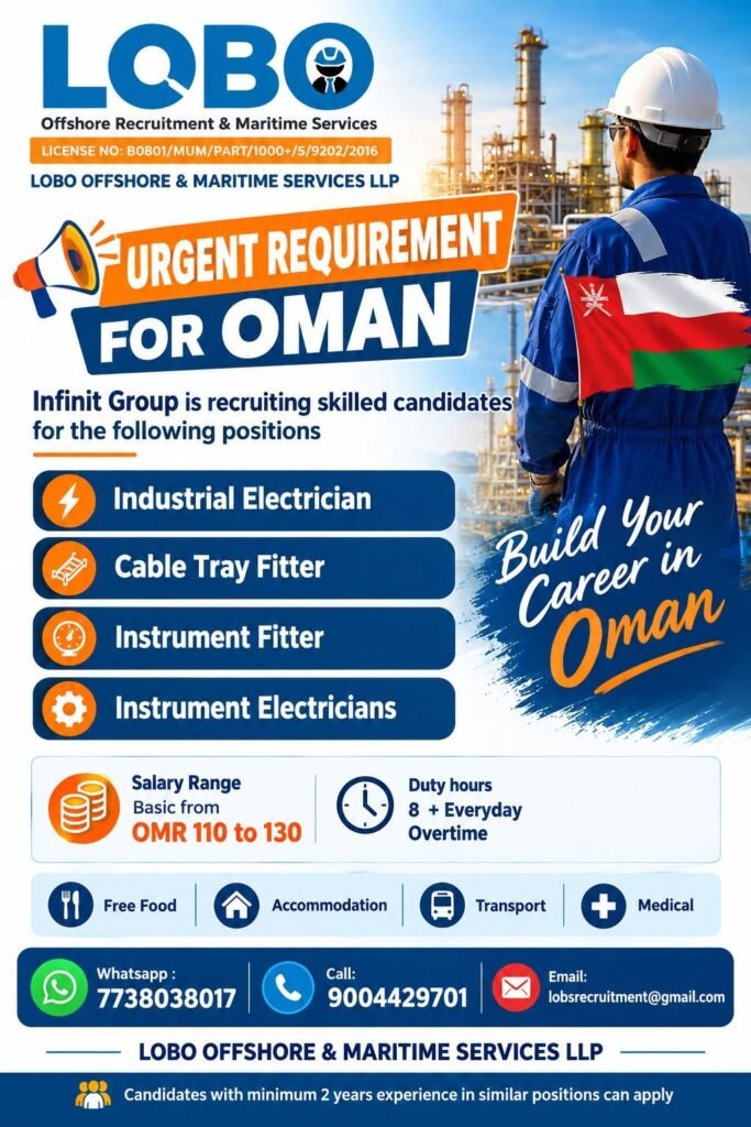 Oman Jobs 2026: Industrial Electrician, Cable Tray Fitter and Instrumentation Vacancies Oman Jobs 2026: Industrial Electrician, Cable Tray Fitter and Instrumentation Vacancies