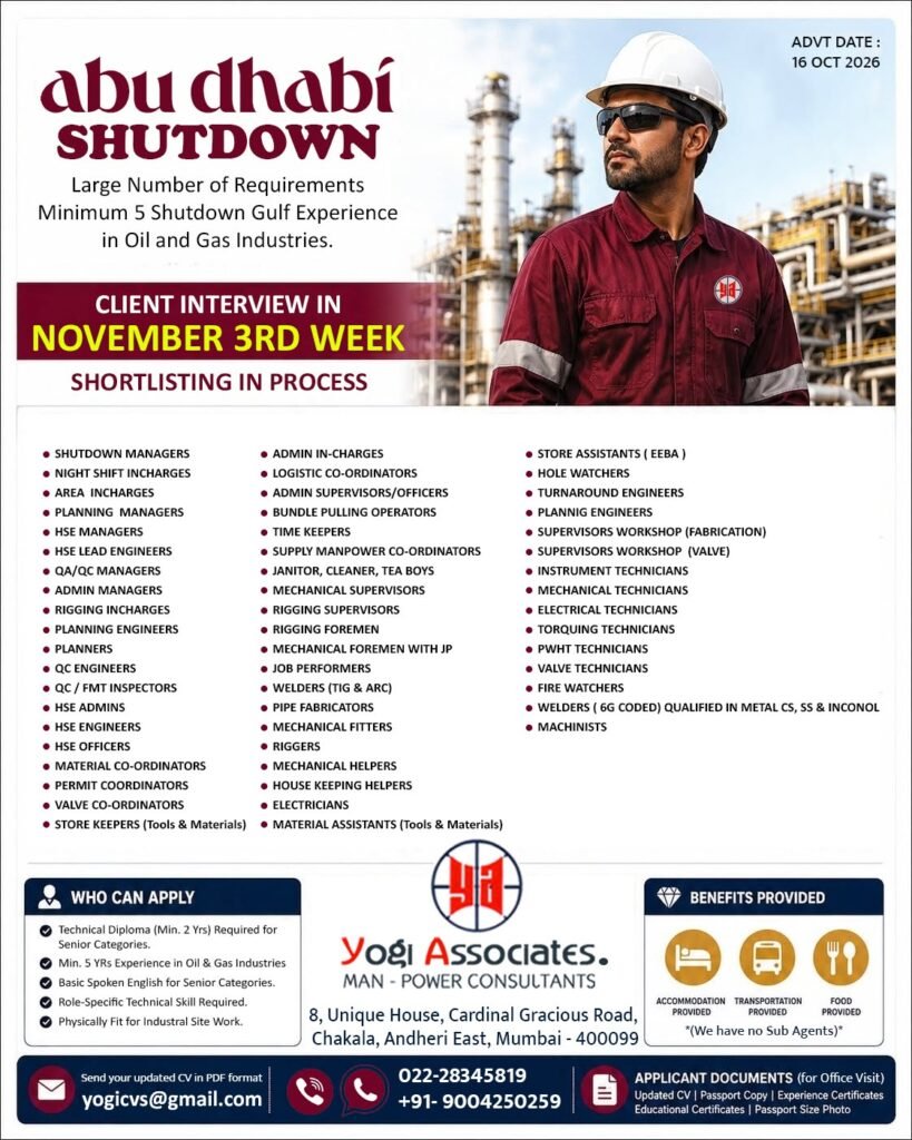 UAE Shutdown Jobs 2026: 60+ Vacancies for Engineers, Supervisors, Technicians and Welders