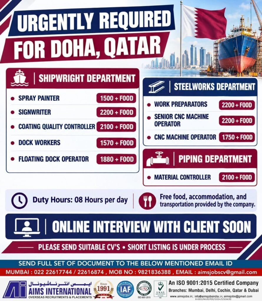 Qatar Jobs 2026: Shipwright, Steelworks and Piping Department Vacancies Qatar Jobs 2026: Shipwright, Steelworks and Piping Department Vacancies