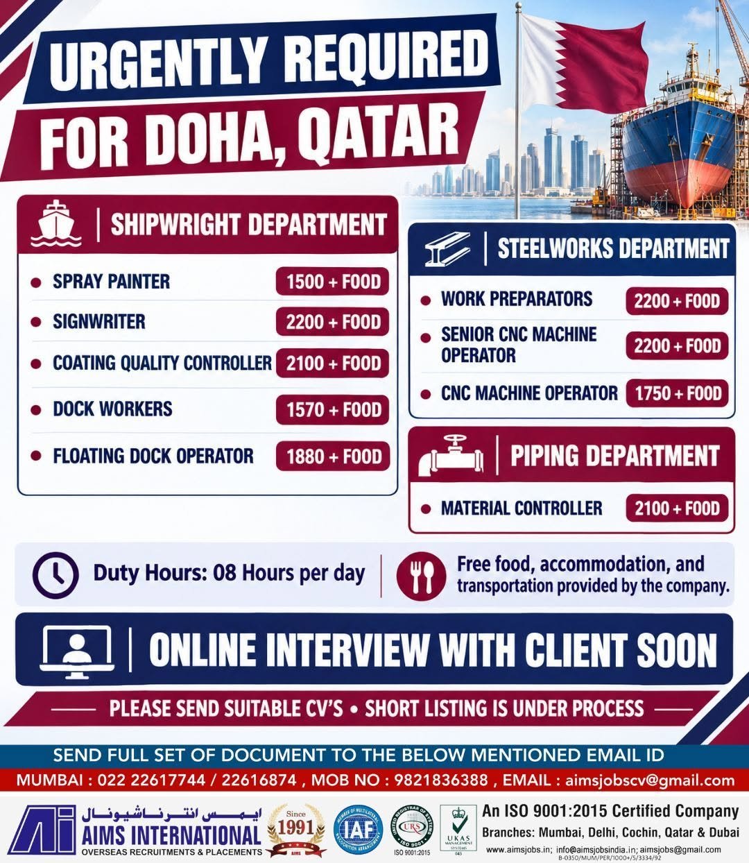Qatar Jobs 2026: Shipwright, Steelworks and Piping Department Vacancies
