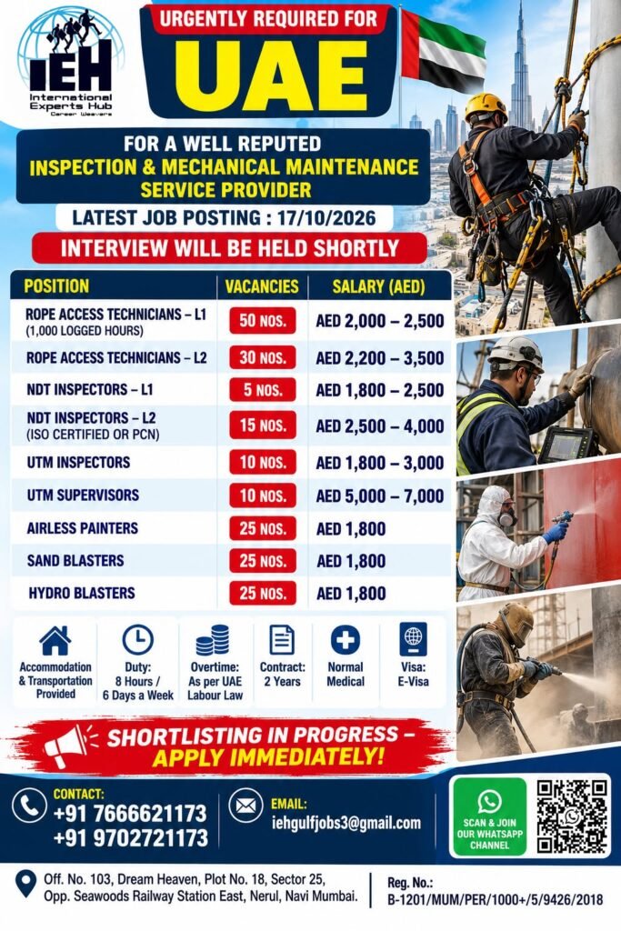 UAE Jobs 2026: 200 Vacancies for reputed inspection and mechanical maintenance service provider