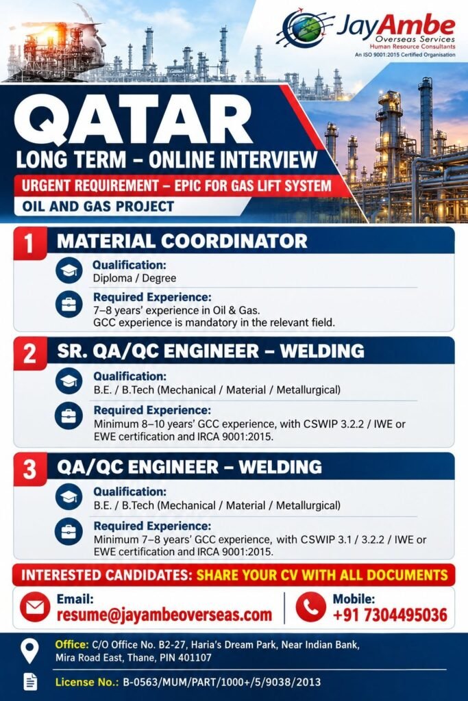 Qatar Jobs 2026: Hiring For a long-term oil and gas project Qatar Jobs 2026: Hiring For a long-term oil and gas project