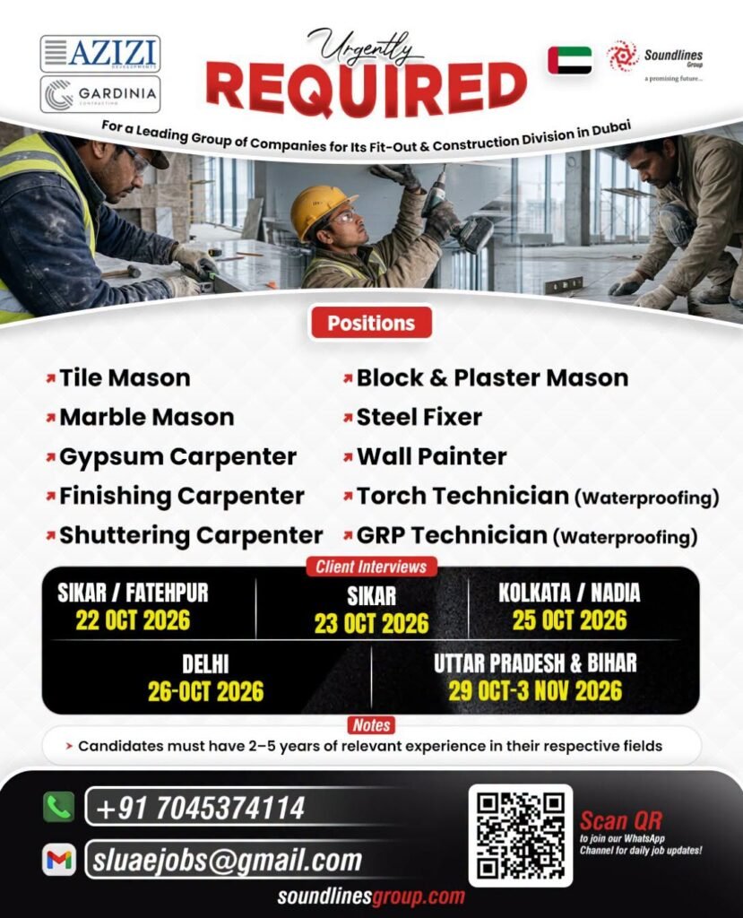 UAE : Hiring For a Leading Group of Companies for Its Fit-Out & Construction Division in Dubai UAE : Hiring For a Leading Group of Companies for Its Fit-Out & Construction Division in Dubai