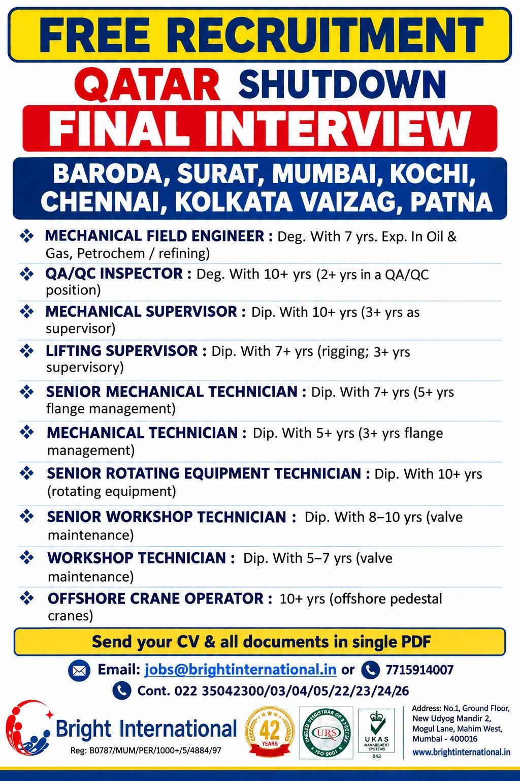 Qatar Shutdown Jobs 2026: 10 Vacancies for Engineers, Technicians and Crane Operators
