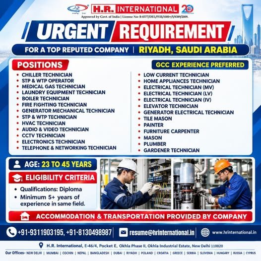 Recruiting experienced professionals for a reputed company in Riyadh, Saudi Arabia