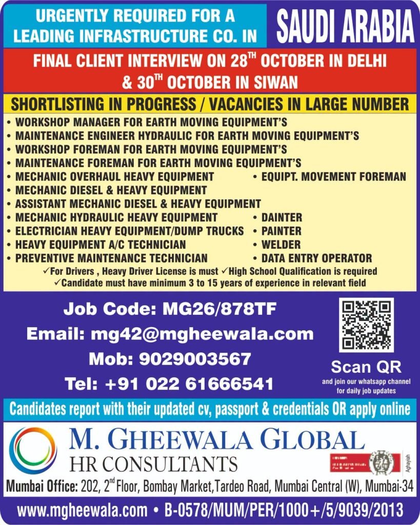 Saudi Arabia Jobs 2026: Heavy Equipment and Maintenance Vacancies