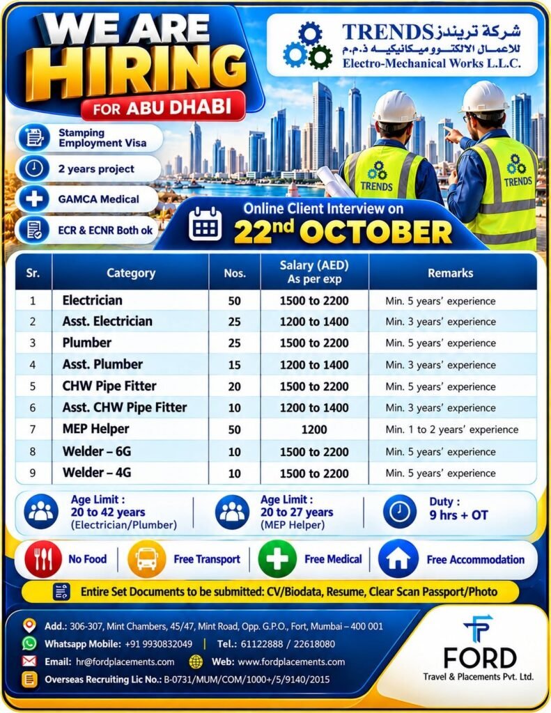 UAE Jobs 2026: Trends Electro-Mechanical Works Hiring