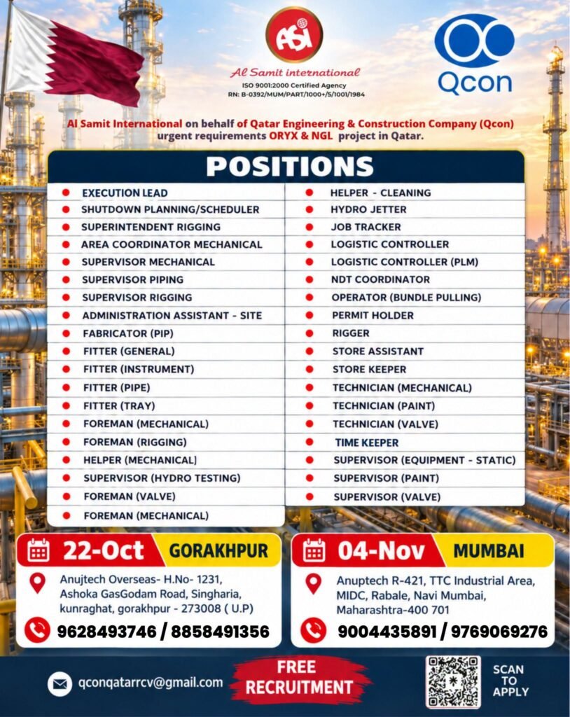 hiring for Qatar Engineering & Construction Company (Qcon) for the ORYX & NGL projects