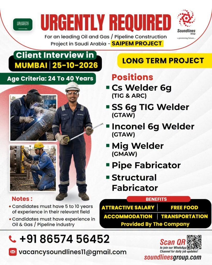 Saudi Arabia : Hiring For Oil and Gas / Pipeline Construction Saipem Project Saudi Arabia : Hiring For Oil and Gas / Pipeline Construction Saipem Project