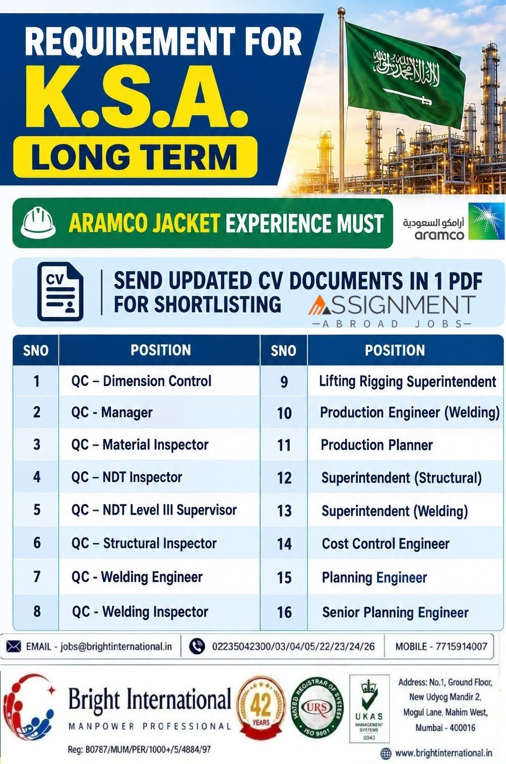Saudi Arabia Aramco Jobs 2026: 16 Vacancies for QC Inspectors, Engineers and Supervisors