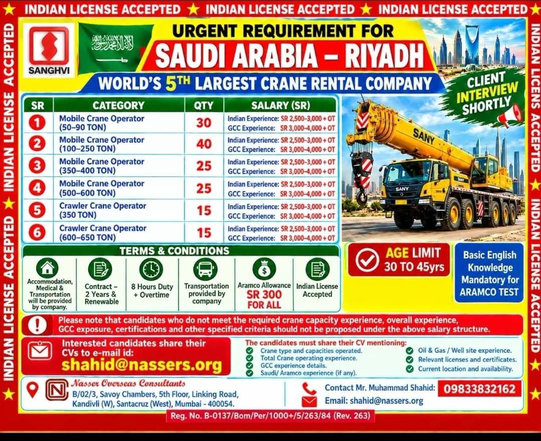 Saudi Arabia Crane Operator Jobs 2026: 150 Vacancies in Riyadh With Salaries Up to SR 4,000 Plus Overtime