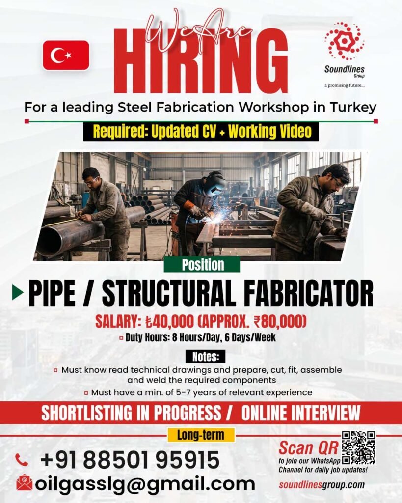 Hiring For a leading Steel Fabrication Workshop in Turkey