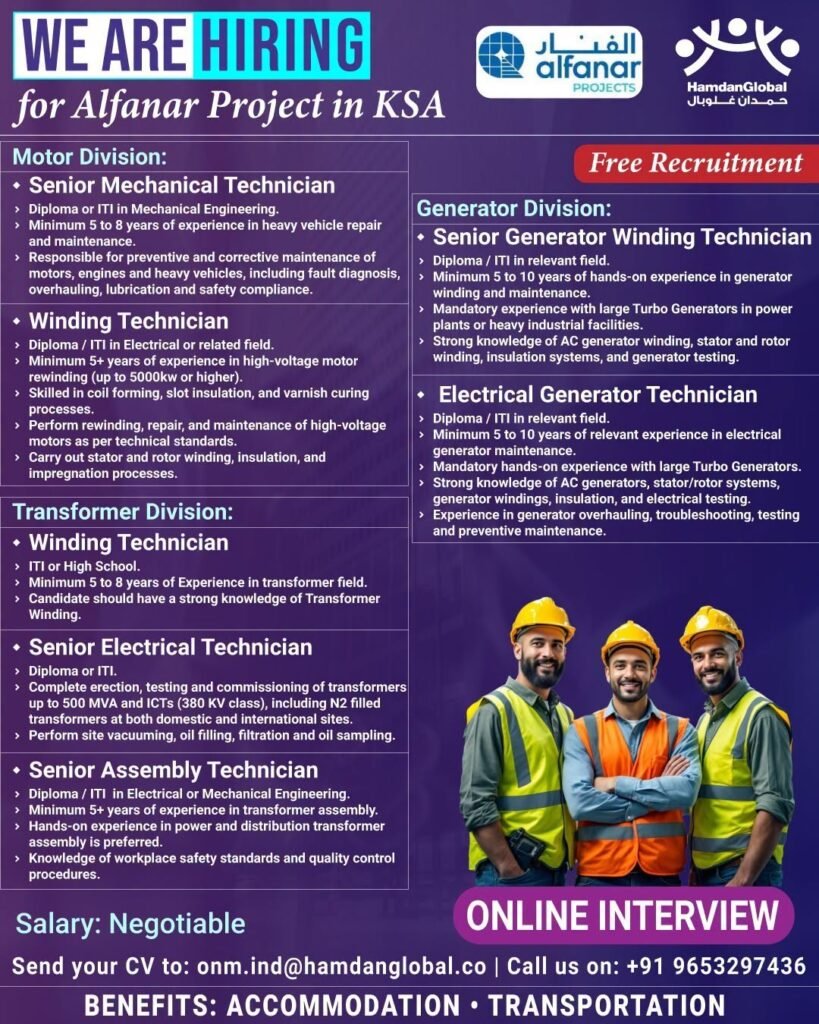 hiring for Alfanar Project in Saudi Arabia
