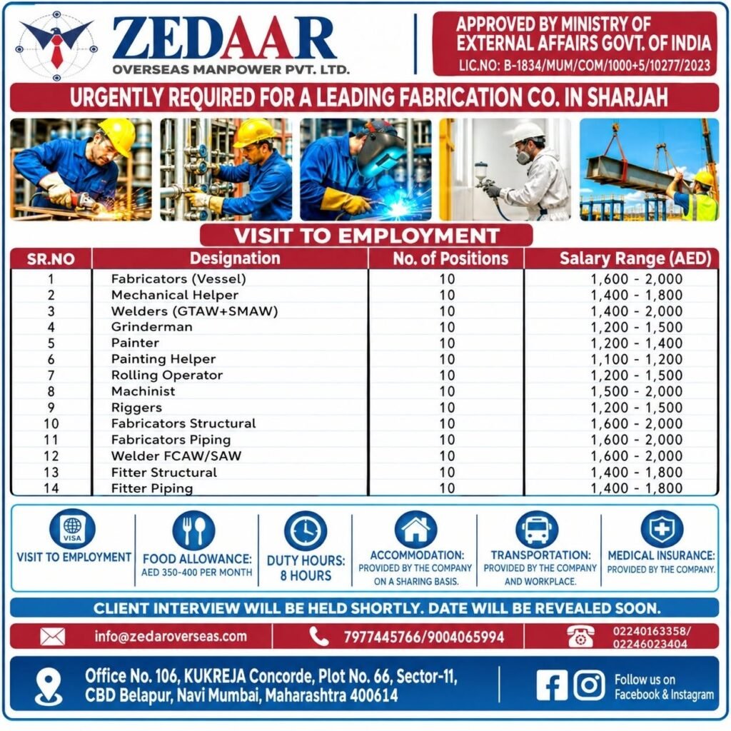 UAE : Recruitment for Leading fabrication company in Sharjah UAE : Recruitment for Leading fabrication company in Sharjah