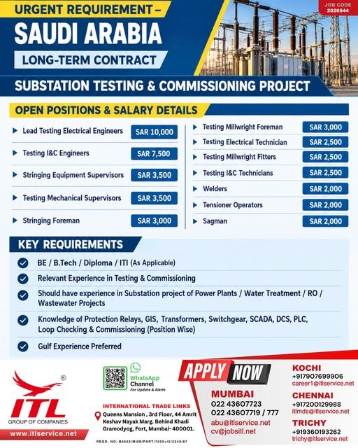 Saudi Arabia : hiring for a major Substation Testing & Commissioning Project