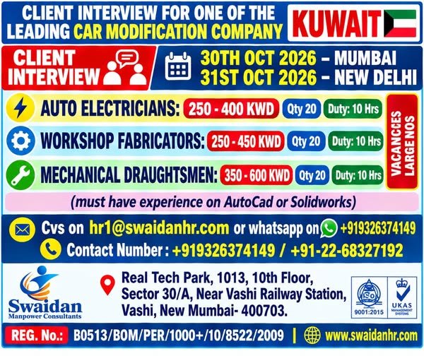 Kuwait Jobs 2026: Auto Electricians, Workshop Fabricators and Mechanical Draughtsmen Kuwait Jobs 2026: Auto Electricians, Workshop Fabricators and Mechanical Draughtsmen