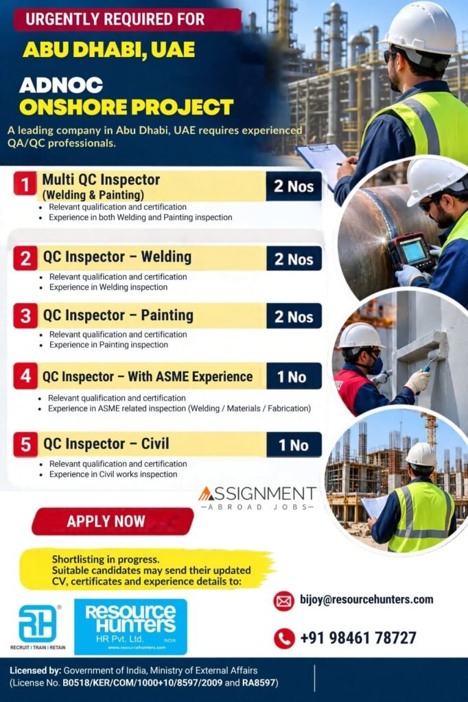 UAE QA/QC Inspector Jobs 2026 – Onshore Project, Abu Dhabi