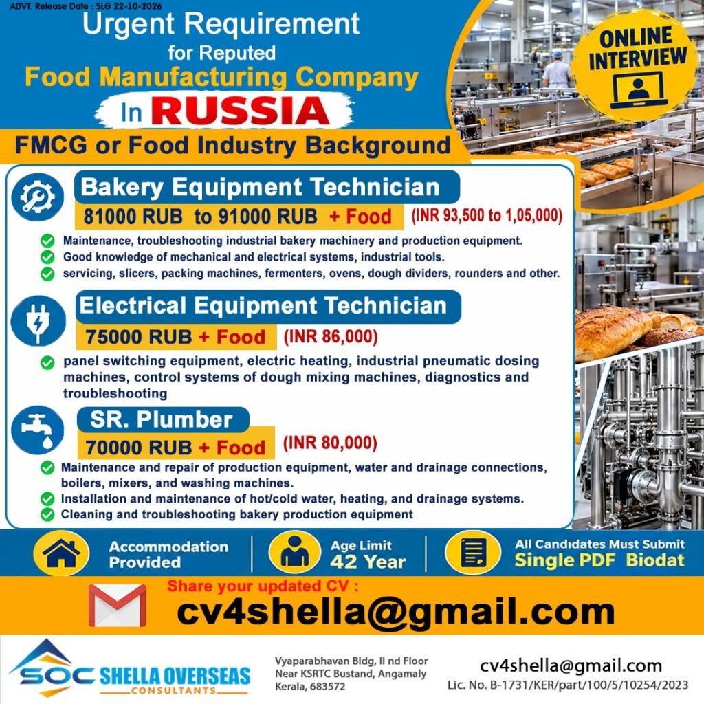 Russia Jobs 2026: Bakery Equipment Technician, Electrical Technician and Senior Plumber Vacancies