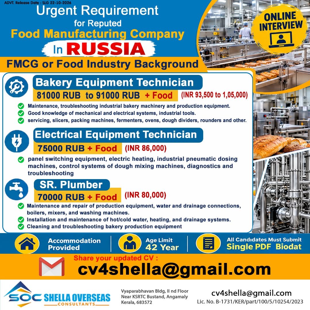 Russia Jobs 2026: Bakery Equipment Technician, Electrical Technician and Senior Plumber Vacancies