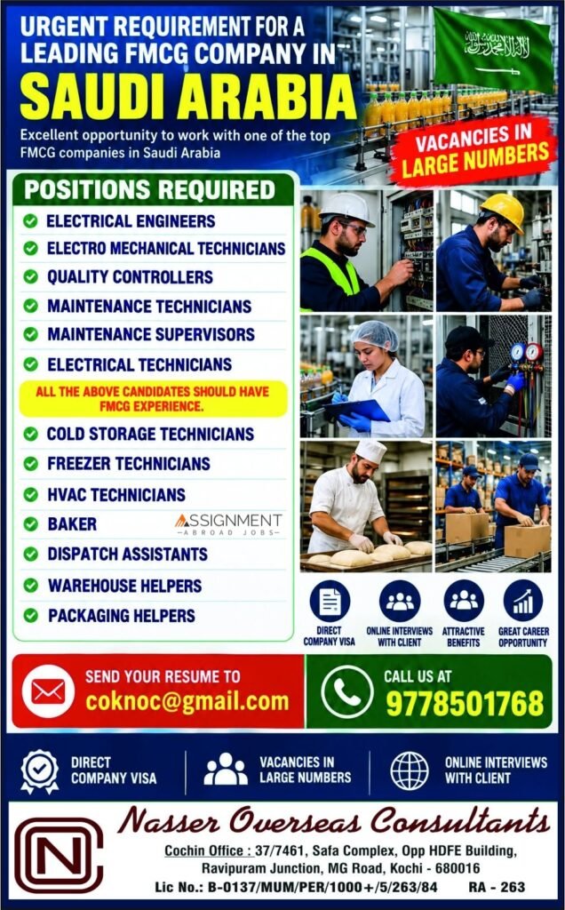Saudi Arabia Jobs 2026: FMCG Company Recruitment for Multiple Positions